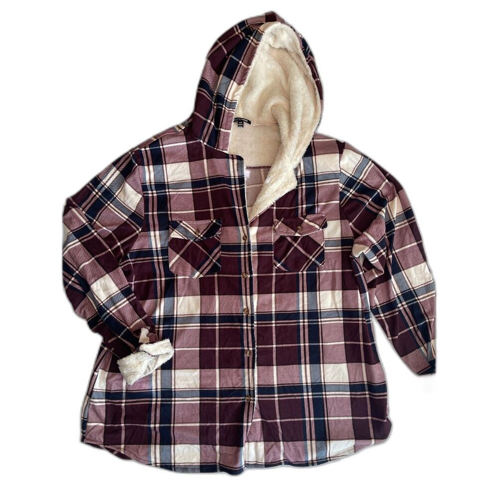 Women's Fashion Nova Fleece Lined Hooded Plaid Purple & Ivory Top PLUS SIZE 2X